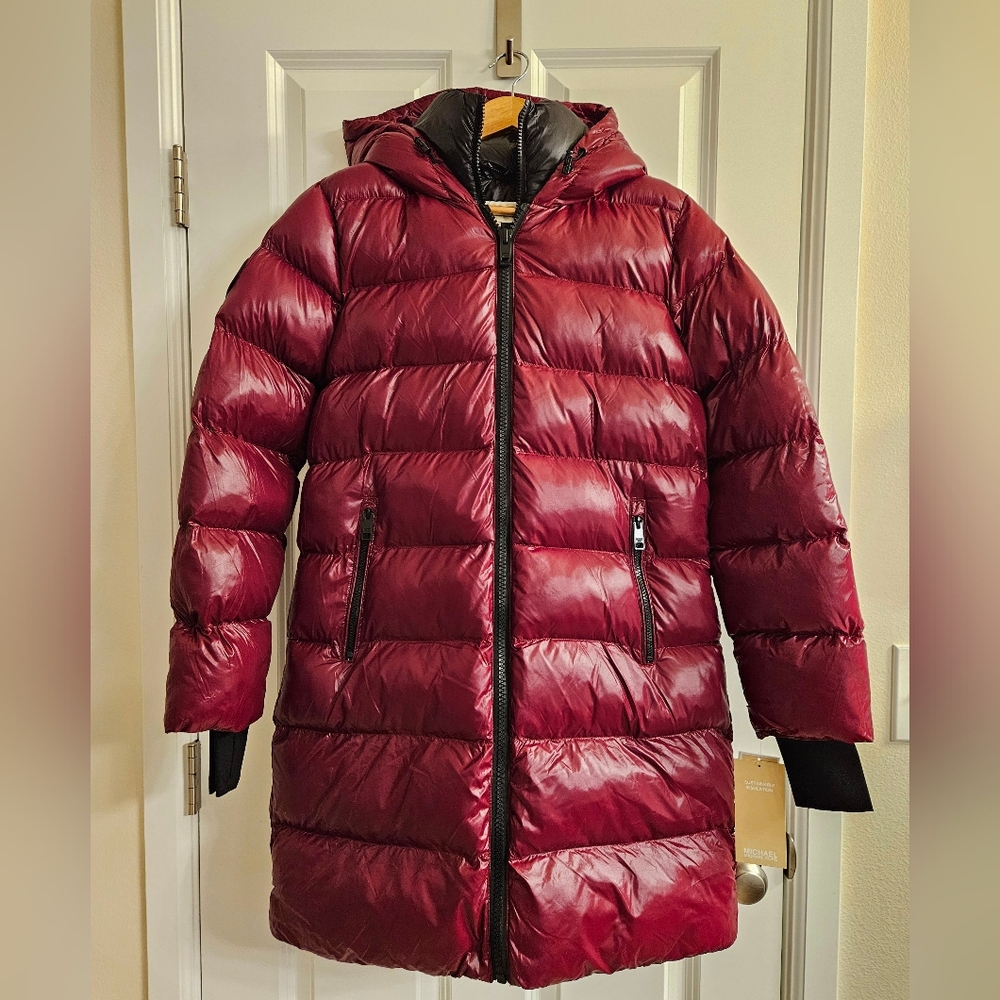 NEW Hooded Long Red Puffer Coat By MICHAEL Michael Kors